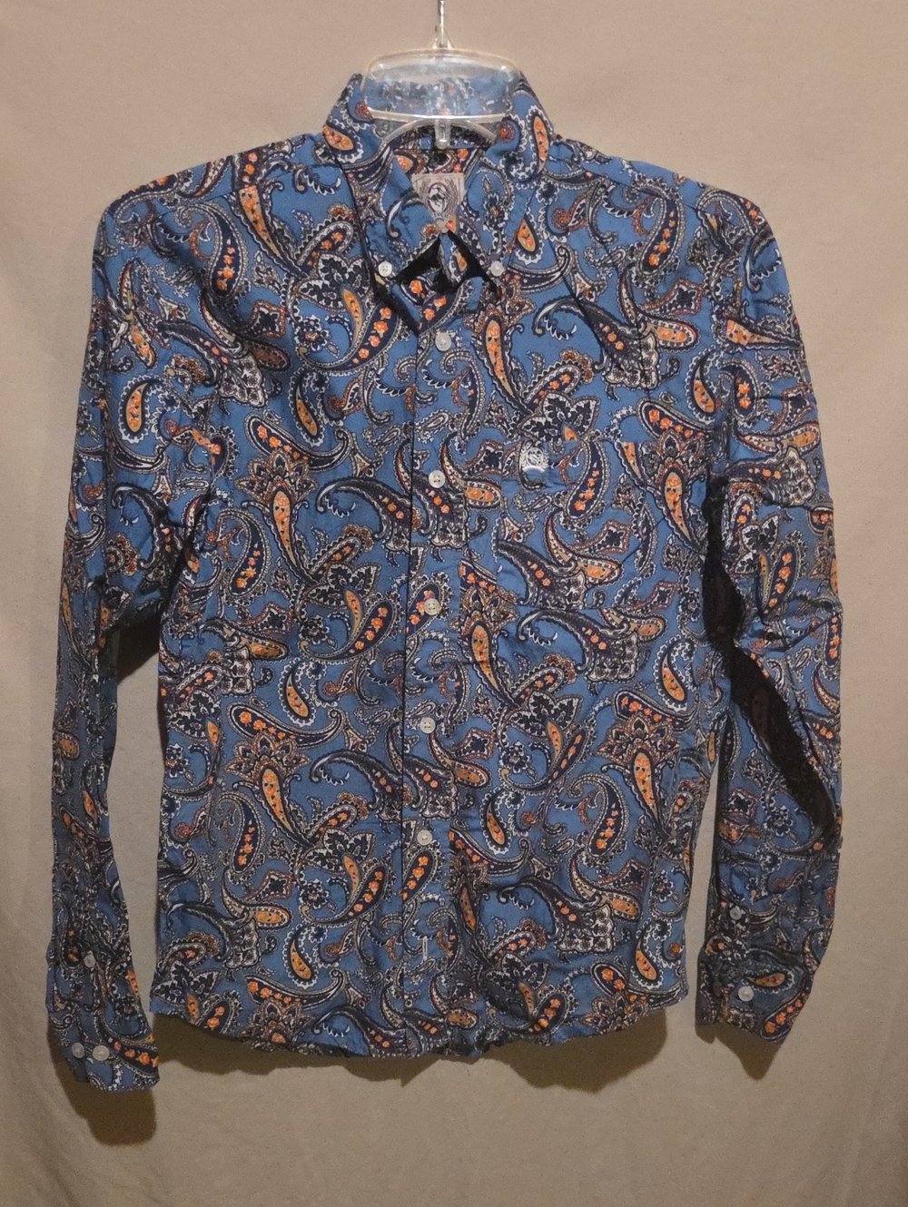 Cinch Blue Paisley Button-Down Shirt with Orange Accents